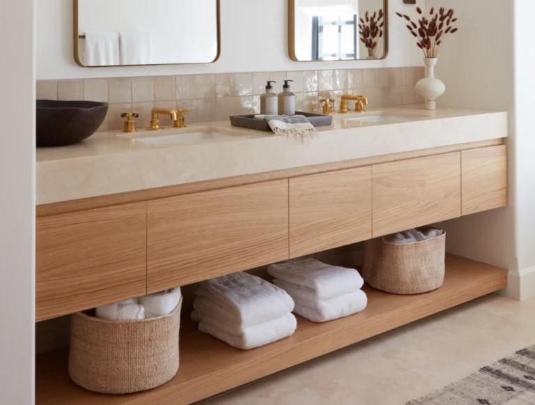 Modern bathroom vanity with floating wooden cabinets, stone countertop, and gold hardware