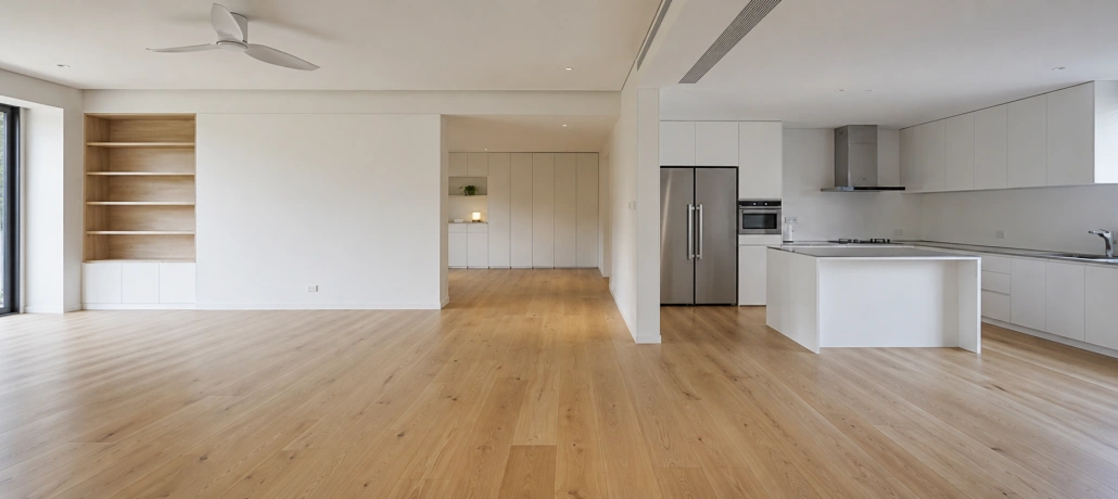 Modern flat-panel kitchen cabinets and bespoke joinery island with built-in cabinetry and wood flooring from a factory-direct manufacturer.
