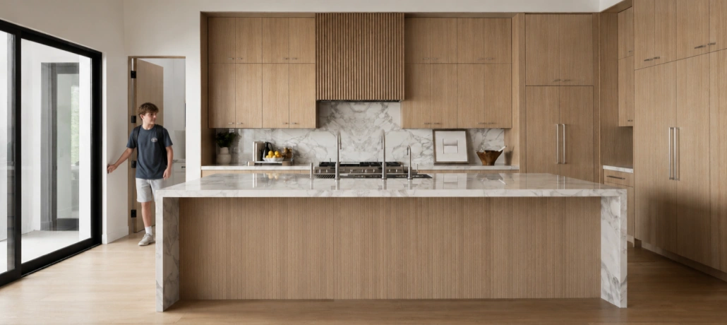 Custom kitchen cabinetry with straight grain oak panels and large kitchen island