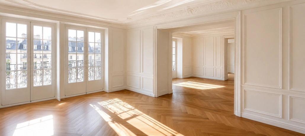 Custom architectural millwork interior with bespoke wall paneling and herringbone wood flooring in a luxury residential space