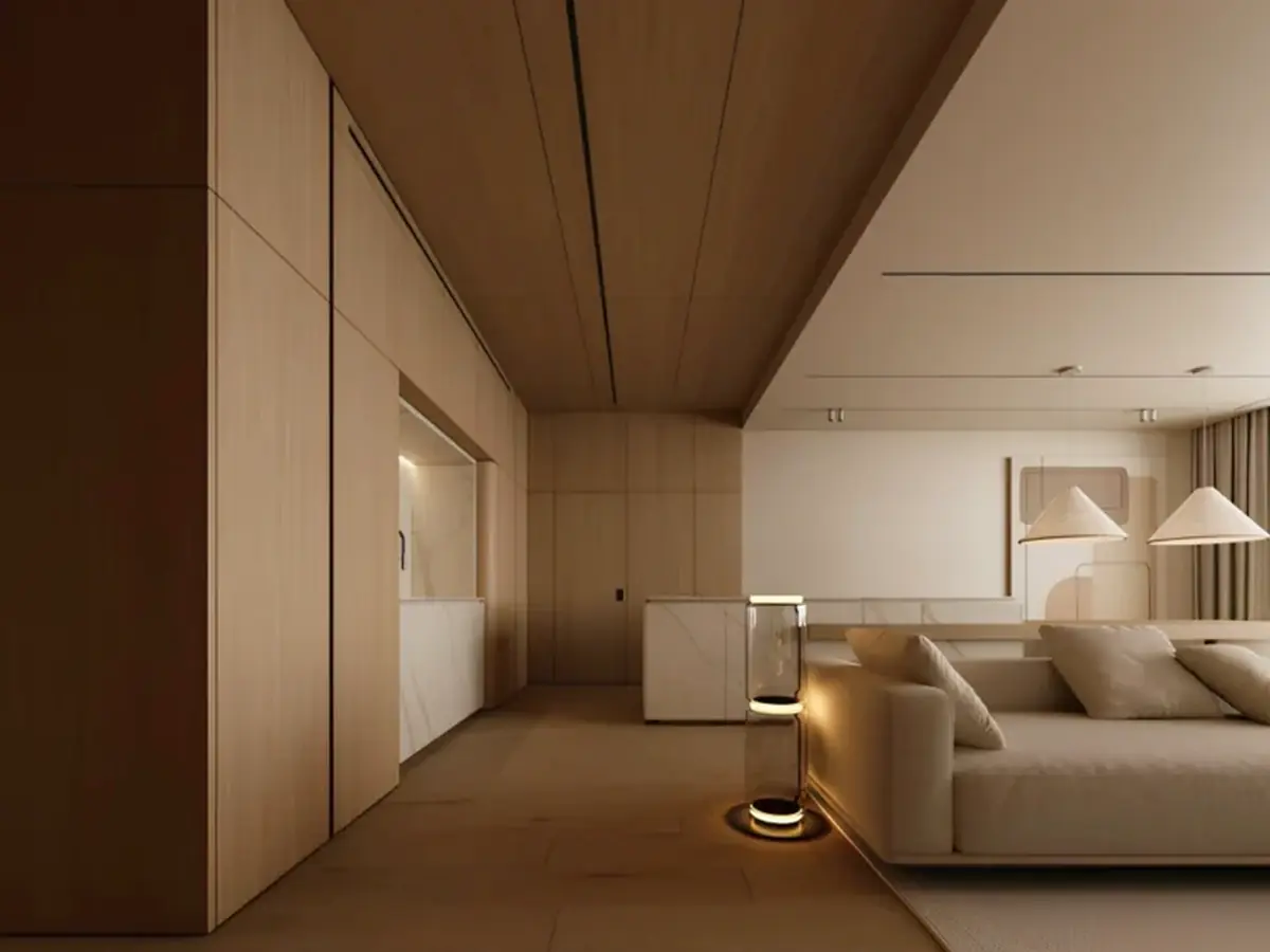Warm wood wall paneling and custom millwork in a contemporary living room