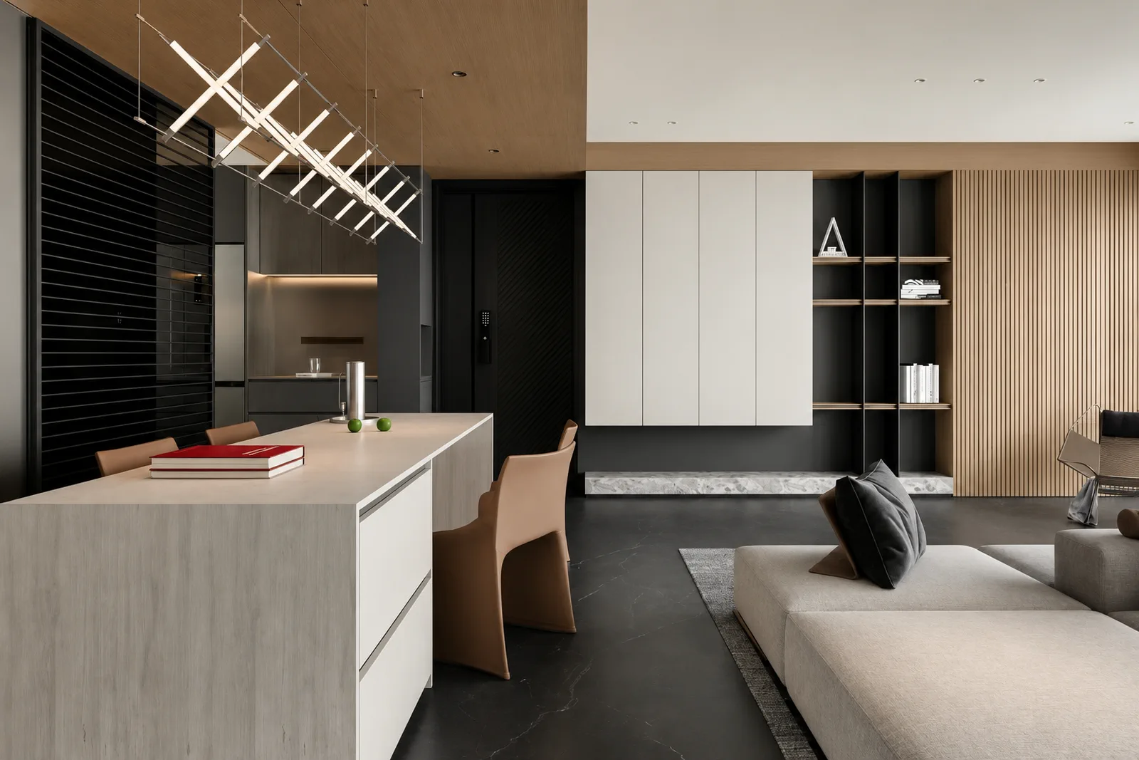 Design visualization of a contemporary residence with integrated custom cabinetry, kitchen island, open shelving and architectural wood slat paneling.