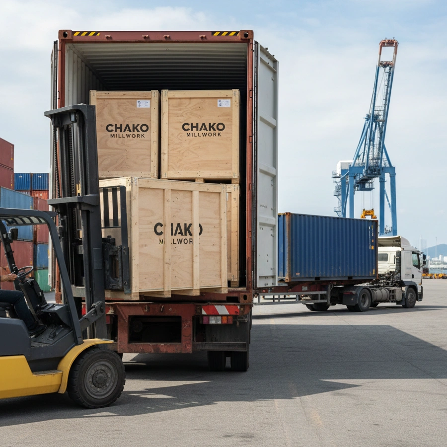 Secure export wooden crate packaging and container loading for global delivery of CHAKO Millwork