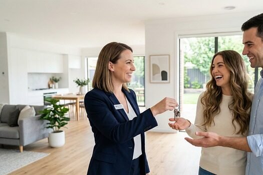 real estate agent, key handover, happy couple, home purchase, living room interior, real estate, client, building, property sale, office, smiling, new home, housewarming, construction, customer service, home interior, real estate investment, residential property, investment purchase, ai generated